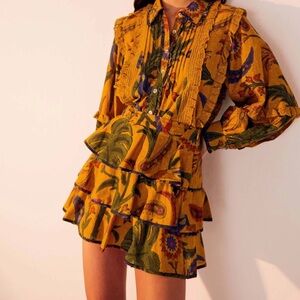 Farm Rio Tropical Tapestry Ruffle Miniskirt in Yellow Tropical Tap